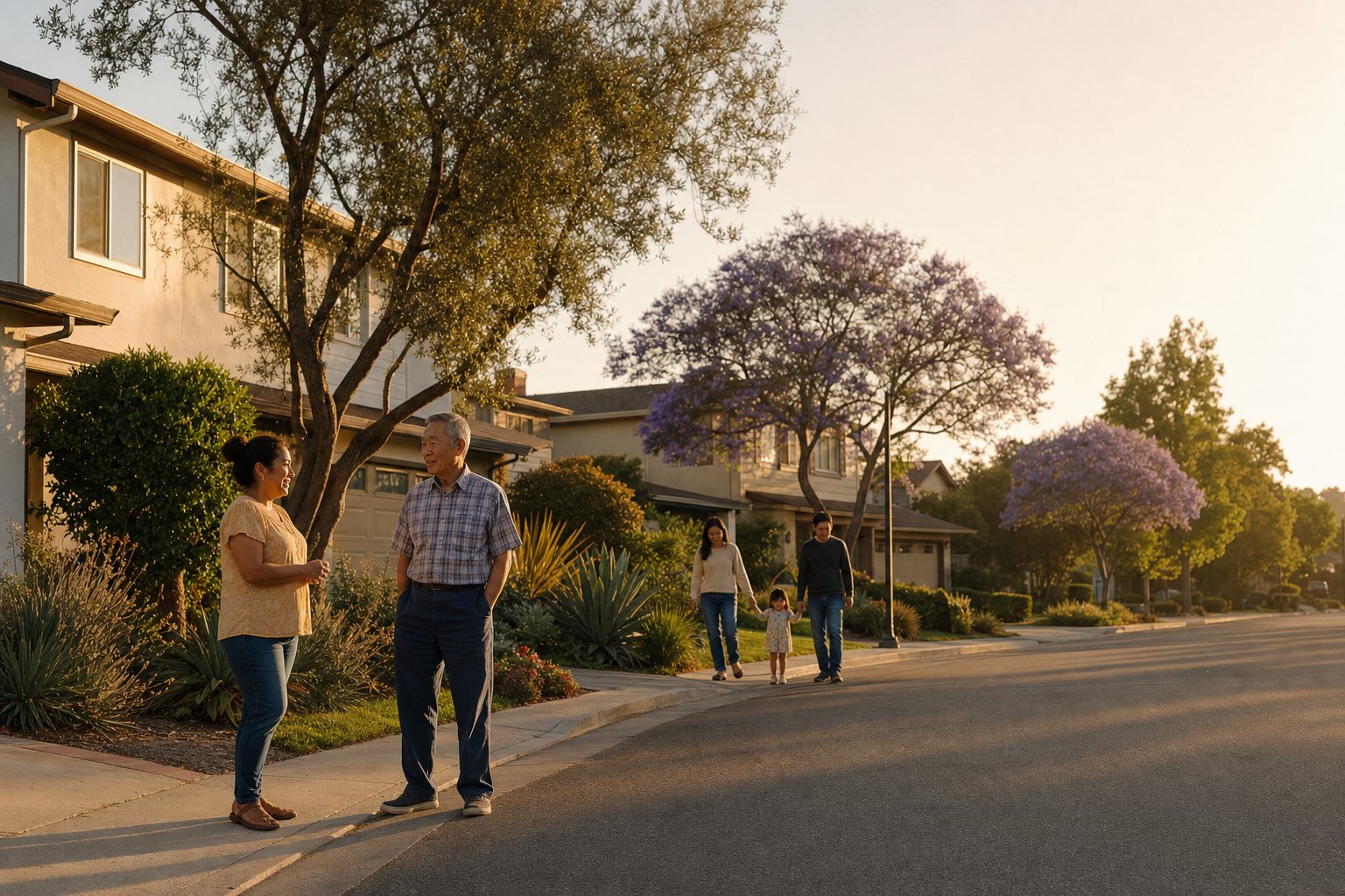 A California neighborhood in the late afternoon light. Neighbors talk on a quiet residential street lined with jacaranda trees.